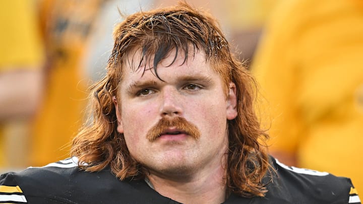 Sep 13, 2025; Iowa City, Iowa, USA; Iowa Hawkeyes offensive lineman Gennings Dunker (67) looks on before the game against the Massachusetts Minutemen at Kinnick Stadium. Mandatory Credit: Jeffrey Becker-Imagn Images