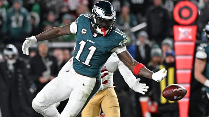 Jan 11, 2026; Philadelphia, PA, USA; Philadelphia Eagles wide receiver A.J. Brown (11) can't make a catch during the fourth quarter against the San Francisco 49ers  in an NFC Wild Card Round game at Lincoln Financial Field.