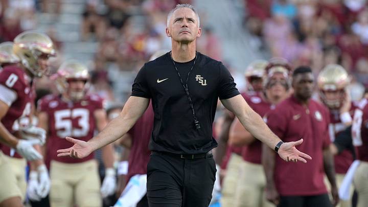 Sep 7, 2026; Tallahassee, Florida, USA;  Florida State Seminoles head coach Mike Norvell enters the field before the game against the Southern Methodist Mustangs at Doak S. Campbell Stadium.  Mandatory Credit: Melina Myers-Imagn Images