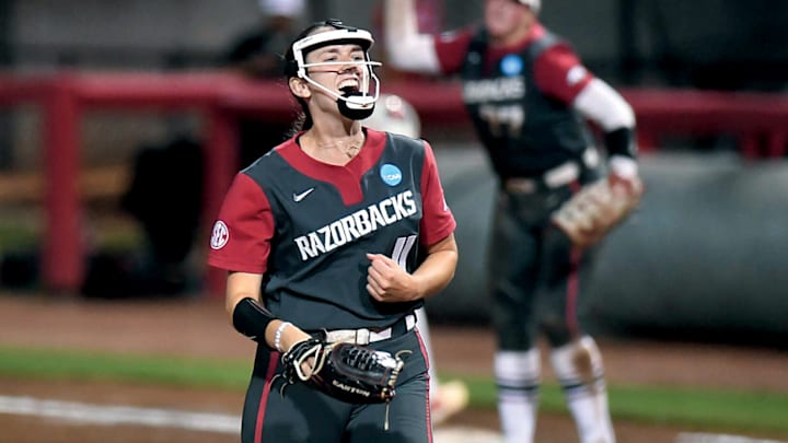 Arkansas pitcher Robyn Herron celebrates getting an out against Southeast Missouri State in the Razorbacks' opening game of the Fayetteville Regional at Bogle Park on Friday, May 17, 2024.