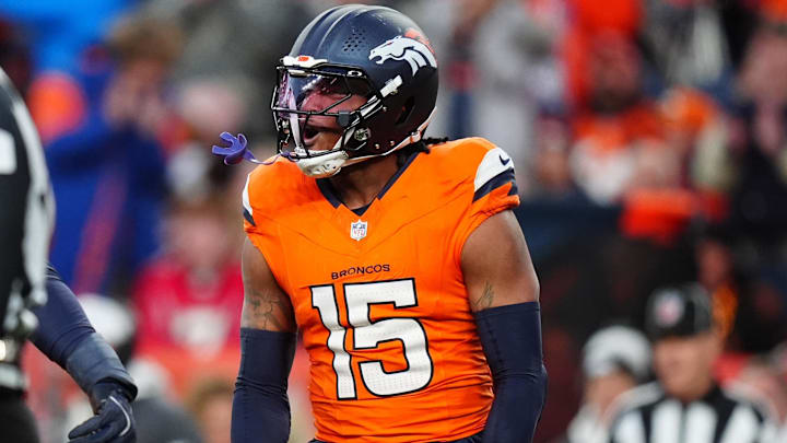 Nov 17, 2024; Denver, Colorado, USA; Denver Broncos linebacker Nik Bonitto (15) celebrates his sack in the second half against the Atlanta Falcons at Empower Field at Mile High. Nov 17, 2024; Denver, Colorado, USA; Denver Broncos linebacker Nik Bonitto (15) celebrates his sack in the second half against the Atlanta Falcons at Empower Field at Mile High.