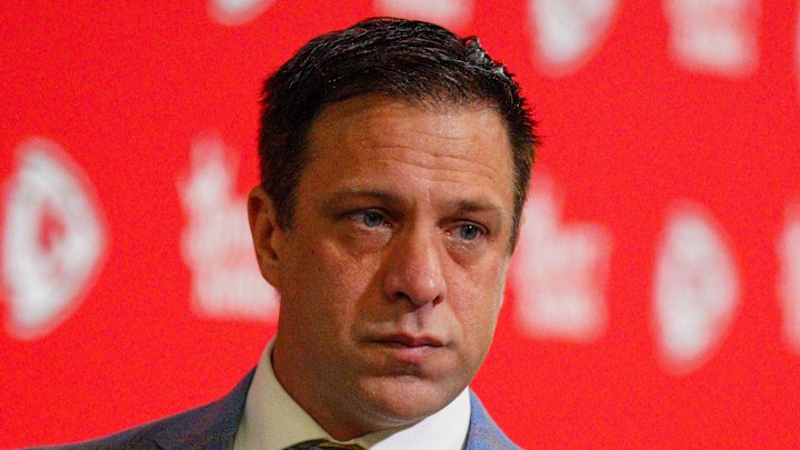 Nov 10, 2024; Kansas City, Missouri, USA; Kansas City Chiefs general manager Brett Veach arrives to the stadium prior to a game against the Denver Broncos at GEHA Field at Arrowhead Stadium. Mandatory Credit: Denny Medley-Imagn Images