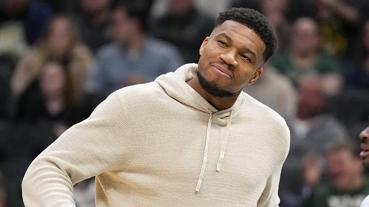 Apr 10, 2026; Milwaukee, Wisconsin, USA;  Milwaukee Bucks forward Giannis Antetokounmpo reacts following a play during the second quarter against the Brooklyn Nets at Fiserv Forum. Mandatory Credit: Jeff Hanisch-Imagn Images