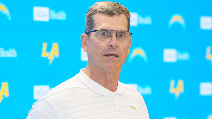 May 7, 2025; El Segundo CA, USA; Los Angeles Chargers coach Jim Harbaugh during press conference at The Bolt. Mandatory Credit: Kirby Lee-Imagn Images May 7, 2025; El Segundo CA, USA; Los Angeles Chargers coach Jim Harbaugh during press conference at The Bolt. Mandatory Credit: Kirby Lee-Imagn Images