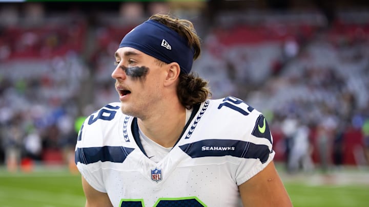 Dec 8, 2024; Glendale, Arizona, USA; Seattle Seahawks wide receiver Jake Bobo (19) against the Arizona Cardinals at State Farm Stadium. Mandatory Credit: Mark J. Rebilas-Imagn Images