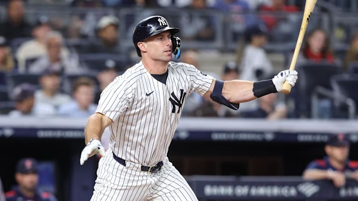 Aug 21, 2025; Bronx, New York, USA;  New York Yankees first base Paul Goldschmidt (48) hits an RBI single in the fourth inning against the Boston Red Sox at Yankee Stadium. Mandatory Credit: Wendell Cruz-Imagn Images