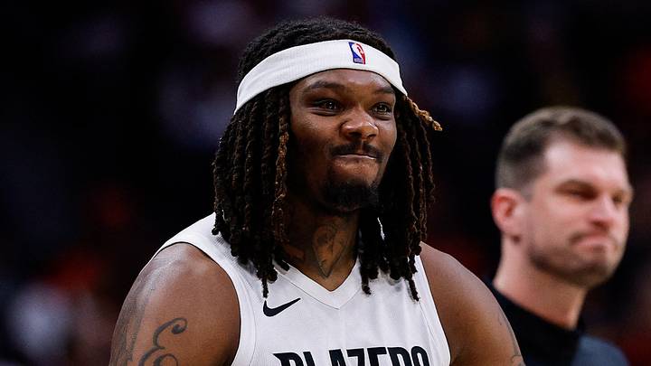 Apr 6, 2026; Denver, Colorado, USA; Portland Trail Blazers center Robert Williams III (35) reacts from the sideline in the third quarter against the Denver Nuggets at Ball Arena. Mandatory Credit: Isaiah J. Downing-Imagn Images