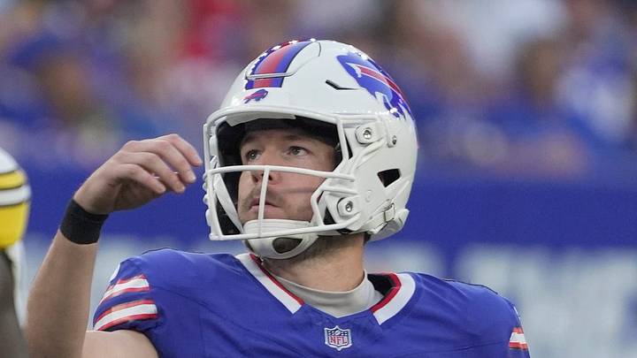 Buffalo Bills kicker Tyler Bass watches his kick go through the uprights during first half action at Highmark Stadium in Orchard Park on Aug. 27, 2026.  The Buffalo Bills hosted the Pittsburgh Steelers in their last preseason game.