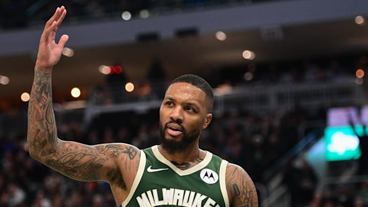 Dec 16, 2023; Milwaukee, Wisconsin, USA; Milwaukee Bucks guard Damian Lillard (0) reacts after scoring a basket in the third quarter against the Detroit Pistons at Fiserv Forum. Mandatory Credit: Benny Sieu-Imagn Images Dec 16, 2023; Milwaukee, Wisconsin, USA; Milwaukee Bucks guard Damian Lillard (0) reacts after scoring a basket in the third quarter against the Detroit Pistons at Fiserv Forum. Mandatory Credit: Benny Sieu-Imagn Images
