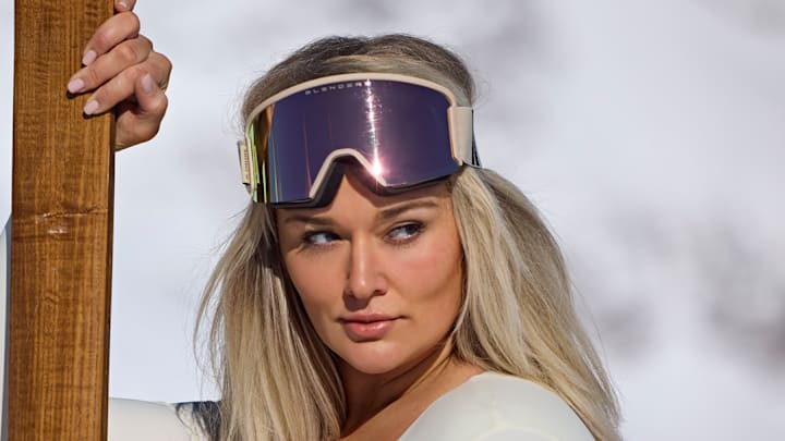 Hunter McGrady was photographed by Derek Kettela in Saas-Fee, Switzerland. Swimsuit by Sienna Swim. Goggles by Blenders.