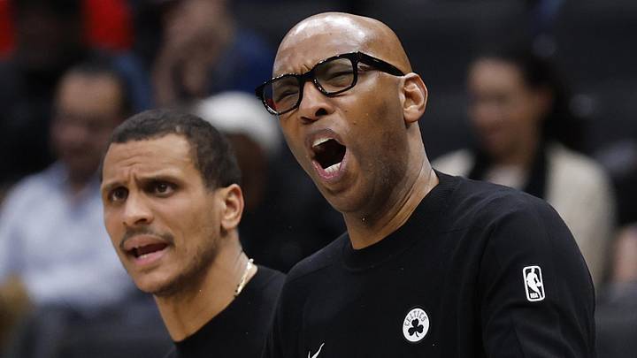 Dec 4, 2025; Washington, District of Columbia, USA; Boston Celtics head coach Joe Mazzulla (L) and assistant coach Sam Cassell (R) argue a call against the Washington Wizards in the second half at Capital One Arena. Mandatory Credit: Geoff Burke-Imagn Images