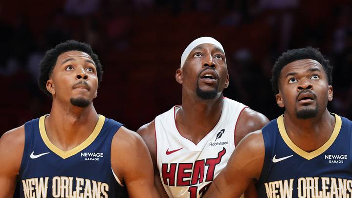 Oct 8, 2026; Miami, Florida, USA; New Orleans Pelicans forward Trey Murphy III (25) and center Yves Missi (21) defend against Miami Heat center Bam Adebayo (13) during the first quarter at Kaseya Center. Mandatory Credit: Sam Navarro-Imagn Images Oct 8, 2026; Miami, Florida, USA; New Orleans Pelicans forward Trey Murphy III (25) and center Yves Missi (21) defend against Miami Heat center Bam Adebayo (13) during the first quarter at Kaseya Center. Mandatory Credit: Sam Navarro-Imagn Images