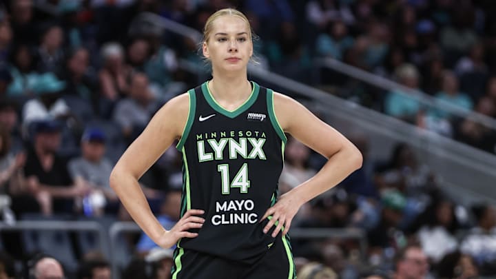 Jun 25, 2024; Belmont Park, New York, USA;  Minnesota Lynx forward Dorka Juhasz (14) at UBS Arena. Mandatory Credit: Wendell Cruz-Imagn Images