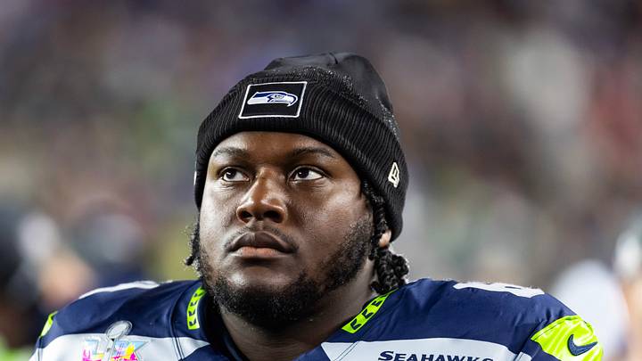Seattle Seahawks guard Christian Haynes on the sidelines at the Super Bowl.