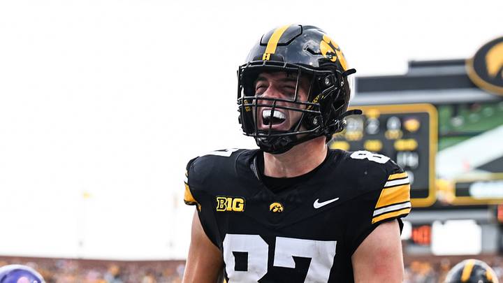 Sep 19, 2026; Iowa City, Iowa, USA;  Iowa Hawkeyes tight end Addison Ostrenga (87) reacts after a touchdown reception against the UNI Panthers during the second quarter at Kinnick Stadium.  Mandatory Credit: Jeffrey Becker-Imagn Images