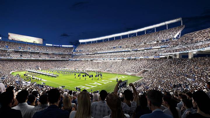A digital rendering of the renovated West Side of Penn State's Beaver Stadium, scheduled for completion in 2027. A digital rendering of the renovated West Side of Penn State's Beaver Stadium, scheduled for completion in 2027.