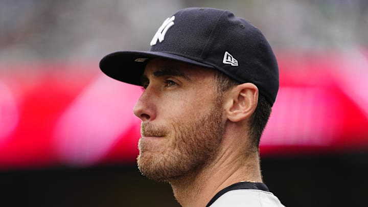 May 24, 2025; Denver, Colorado, USA; New York Yankees left fielder Cody Bellinger (35) during the sixth inning against the against the Colorado Rockies at Coors Field. Mandatory Credit: Ron Chenoy-Imagn Images