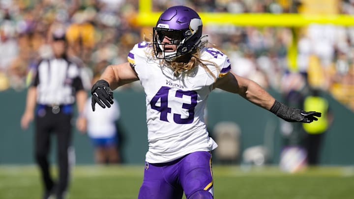 Sep 29, 2024; Green Bay, Wisconsin, USA; Minnesota Vikings outside linebacker Andrew Van Ginkel (43) during the game against the Green Bay Packers at Lambeau Field. Sep 29, 2024; Green Bay, Wisconsin, USA; Minnesota Vikings outside linebacker Andrew Van Ginkel (43) during the game against the Green Bay Packers at Lambeau Field.