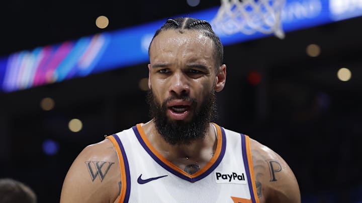 Apr 22, 2026; Oklahoma City, Oklahoma, USA; Phoenix Suns forward Dillon Brooks (3) reacts after a play against the Oklahoma City Thunder in the second half during game two of the first round of the 2026 NBA Playoffs at Paycom Center. Mandatory Credit: Alonzo Adams-Imagn Images
