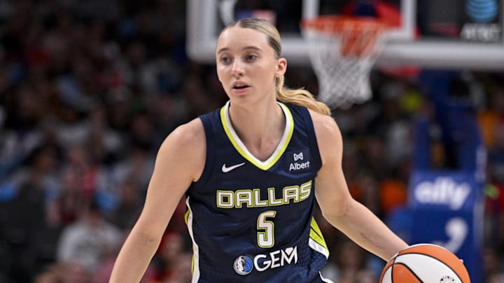 Aug 1, 2025; Dallas, Texas, USA; Dallas Wings guard Paige Bueckers (5) in action during the game between the Dallas Wings and the Indiana Fever at the American Airlines Center. Mandatory Credit: Jerome Miron-Imagn Images