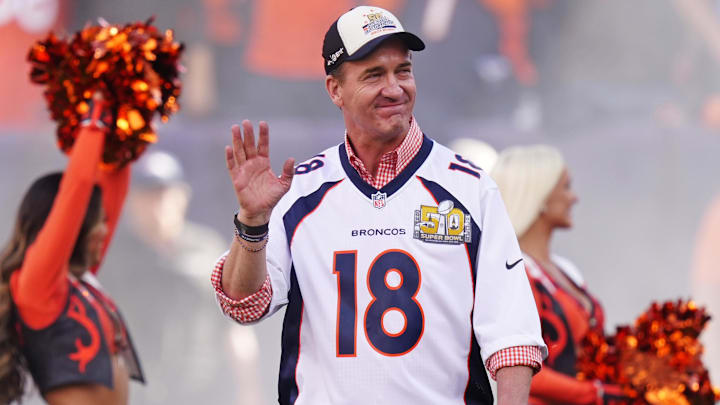 Oct 19, 2025; Denver, Colorado, USA; Peyton Manning looks on during the game between the New York Giants and the Denver Broncos at Empower Field at Mile High. 