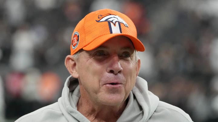 Nov 24, 2024; Paradise, Nevada, USA; Denver Broncos coach Sean Payton reacts during the game against the Las Vegas Raiders at Allegiant Stadium. Mandatory Credit: Kirby Lee-Imagn Images
