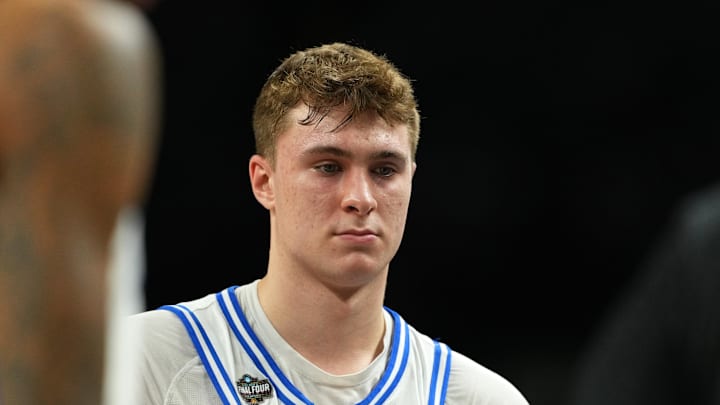Apr 5, 2025; San Antonio, TX, USA; Duke Blue Devils forward Cooper Flagg (2) looks on during the first half in the semifinals of the men's Final Four of the 2025 NCAA Tournament at the Alamodome. Mandatory Credit: Bob Donnan-Imagn Images