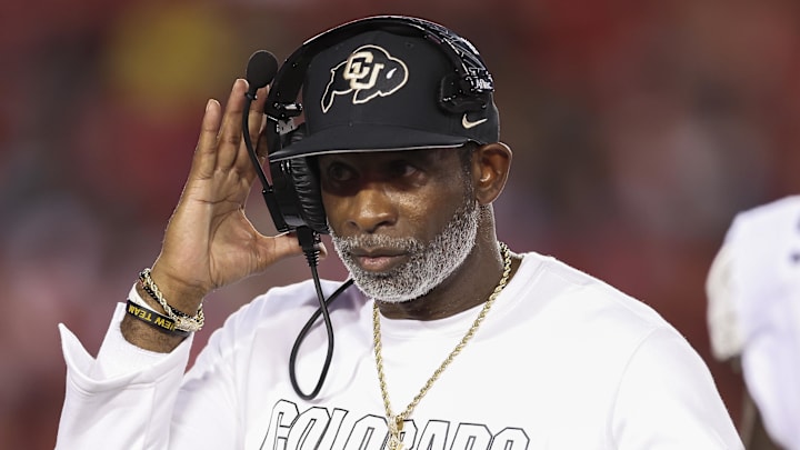 Sep 12, 2025; Houston, Texas, USA; Colorado Buffaloes head coach Deion Sanders reacts during the second quarter against the Houston Cougars at TDECU Stadium.
