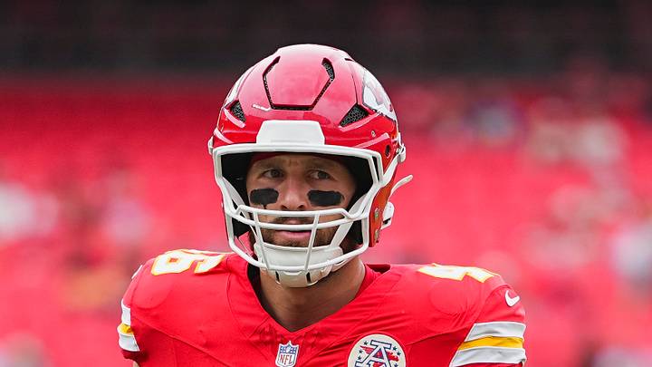 Aug 15, 2026; Kansas City, Missouri, USA; Kansas City Chiefs tight end Mason Pline (46) warms up prior to a game against the Los Angeles Rams at Arrowhead Stadium. Mandatory Credit: Jay Biggerstaff-Imagn Images