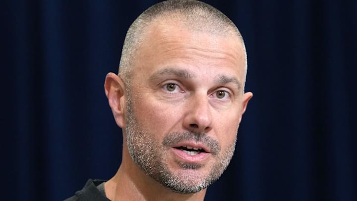 Feb 24, 2026; Indianapolis, IN, USA; Las Vegas Raiders general manager John Spytek speaks at the NFL Scouting Combine at the Indiana Convention Center. Mandatory Credit: Kirby Lee-Imagn Images