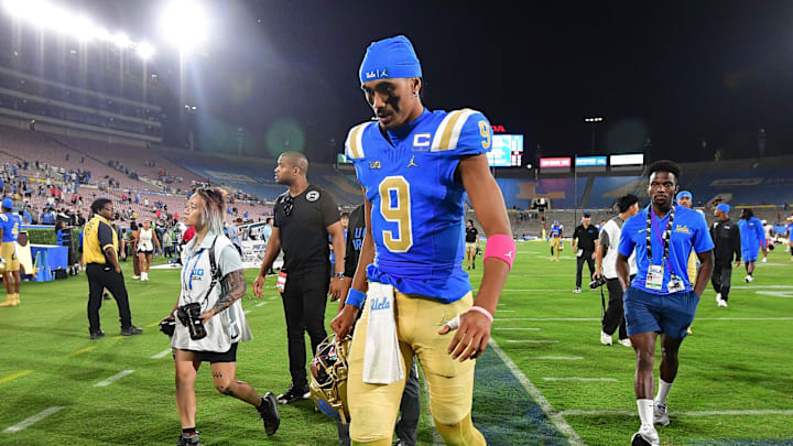 Aug 30, 2025; Pasadena, California, USA; UCLA Bruins quarterback Nico Iamaleava (9) leaves the field following the loss aganst the Utah Utes at Rose Bowl. Mandatory Credit: Gary A. Vasquez-Imagn Images