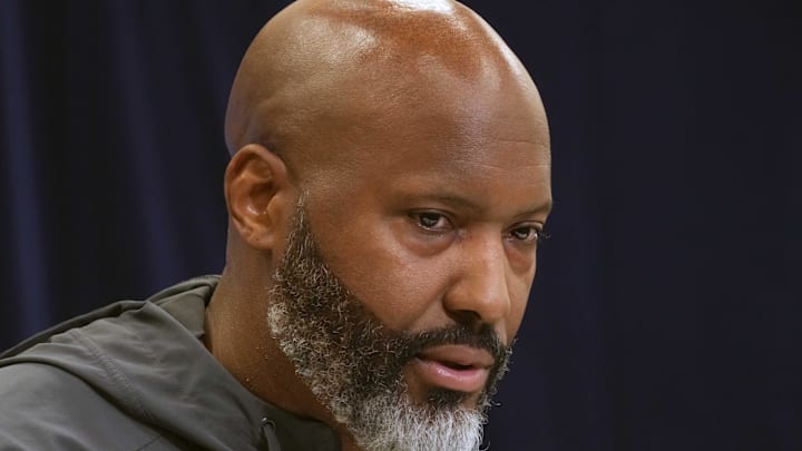 Detroit Lions general manager Brad Holmes speaks during the NFL Scouting Combine at the Indiana Convention Center Detroit Lions general manager Brad Holmes speaks during the NFL Scouting Combine at the Indiana Convention Center