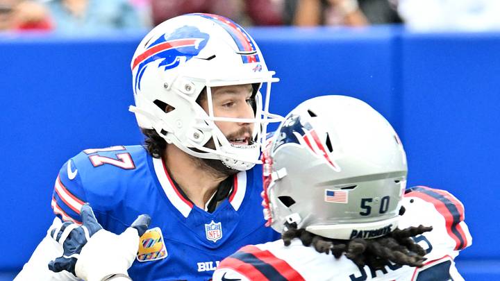 Oct 4, 2026; Orchard Park, New York, USA; Buffalo Bills quarterback Josh Allen (17) is pressured by New England Patriots linebacker Gabe Jacas (50) during the third quarter at New Highmark Stadium. Mandatory Credit: Mark Konezny-Imagn Images Oct 4, 2026; Orchard Park, New York, USA; Buffalo Bills quarterback Josh Allen (17) is pressured by New England Patriots linebacker Gabe Jacas (50) during the third quarter at New Highmark Stadium. Mandatory Credit: Mark Konezny-Imagn Images