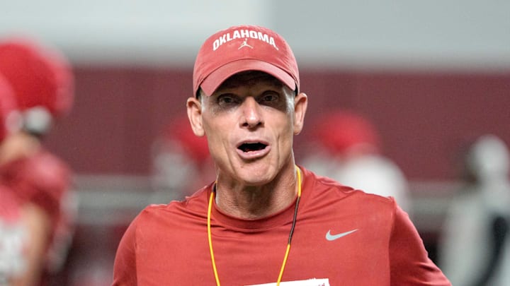 Head coach Brent Venables walks on the field during an Oklahoma football practice in Norman, Okla., on Wednesday, March 25, 2026.
