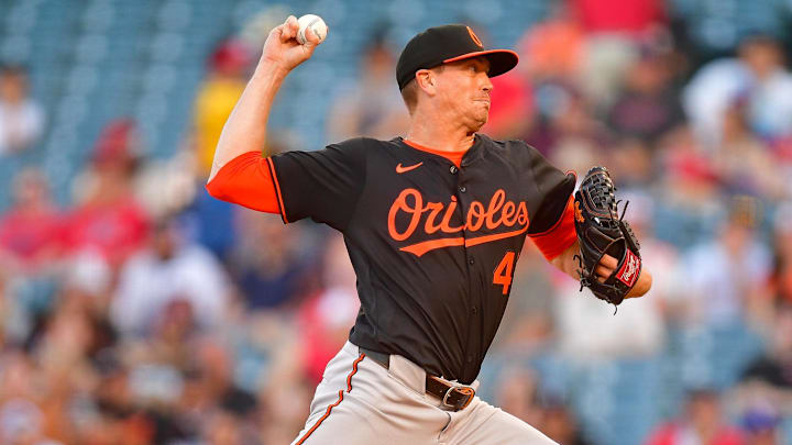 May 10, 2025; Anaheim, California, USA; Baltimore Orioles pitcher Kyle Gibson (48) throws against the Los Angeles Angels during the first inning at Angel Stadium