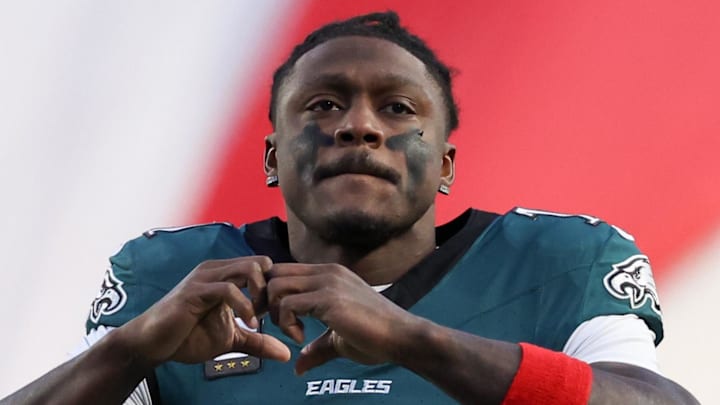 Jan 11, 2026; Philadelphia, PA, USA; Philadelphia Eagles wide receiver A.J. Brown (11) looks on prior to an NFC Wild Card Round game against the San Francisco 49ers at Lincoln Financial Field. Mandatory Credit: Bill Streicher-Imagn Images