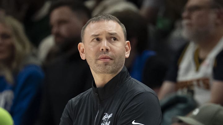 Nov 15, 2025; Minneapolis, Minnesota, USA; Denver Nuggets head coach David Adelman looks on against the Minnesota Timberwolves in the second half at Target Center. Mandatory Credit: Jesse Johnson-Imagn Images
