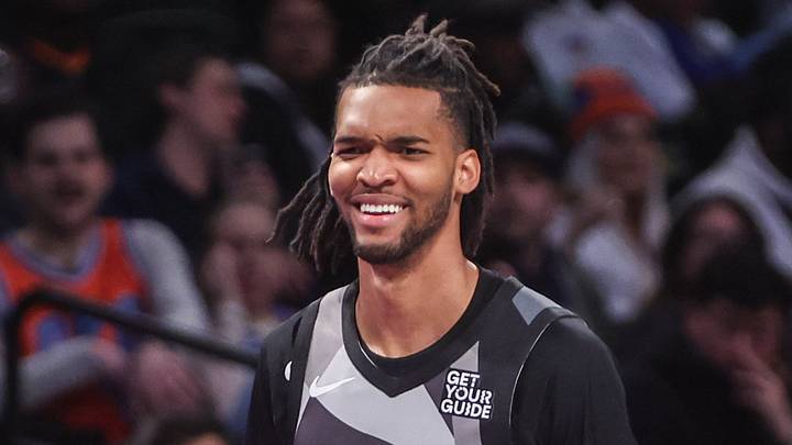 Feb 26, 2025; Brooklyn, New York, USA;  Brooklyn Nets forward Ziaire Williams (8) reacts after getting called for a foul in the fourth quarter against the Oklahoma City Thunder at Barclays Center. Mandatory Credit: Wendell Cruz-Imagn Images