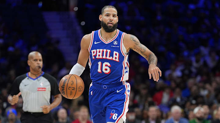 Nov 13, 2024; Philadelphia, Pennsylvania, USA; Philadelphia 76ers forward Caleb Martin (16) controls the ball against the Cleveland Cavaliers in the first quarter at Wells Fargo Center. Mandatory Credit: Kyle Ross-Imagn Images