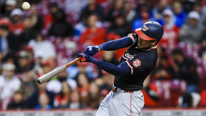 May 3, 2025; Cincinnati, Ohio, USA; Washington Nationals designated hitter James Wood (29) hits a double in the third inning against the Cincinnati Reds at Great American Ball Park. May 3, 2025; Cincinnati, Ohio, USA; Washington Nationals designated hitter James Wood (29) hits a double in the third inning against the Cincinnati Reds at Great American Ball Park.