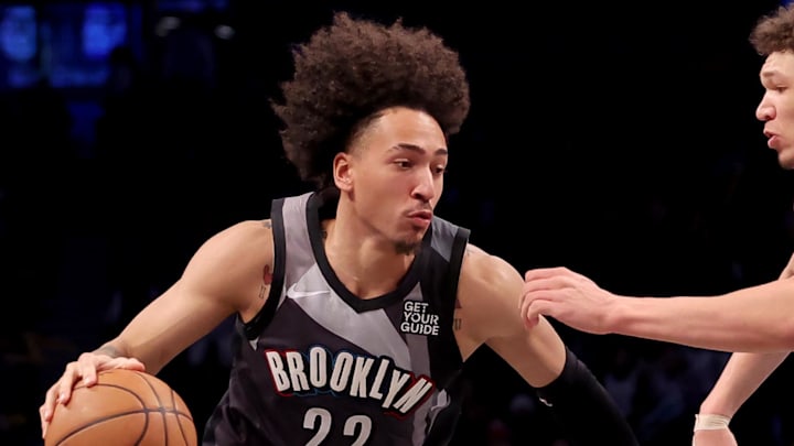Feb 10, 2025; Brooklyn, New York, USA; Brooklyn Nets forward Jalen Wilson (22) drives to the basket against Charlotte Hornets forward Tidjane Salaun (31) during the fourth quarter at Barclays Center. Mandatory Credit: Brad Penner-Imagn Images Feb 10, 2025; Brooklyn, New York, USA; Brooklyn Nets forward Jalen Wilson (22) drives to the basket against Charlotte Hornets forward Tidjane Salaun (31) during the fourth quarter at Barclays Center. Mandatory Credit: Brad Penner-Imagn Images