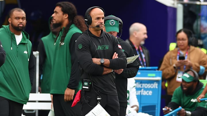 Oct 6, 2024; Tottenham, ENG; A dejected looking New York Jets head coach Robert Saleh in the 2nd Quarter against against Minnesota Vikings at Tottenham Hotspur Stadium. Mandatory Credit: Shaun Brooks-Imagn Images