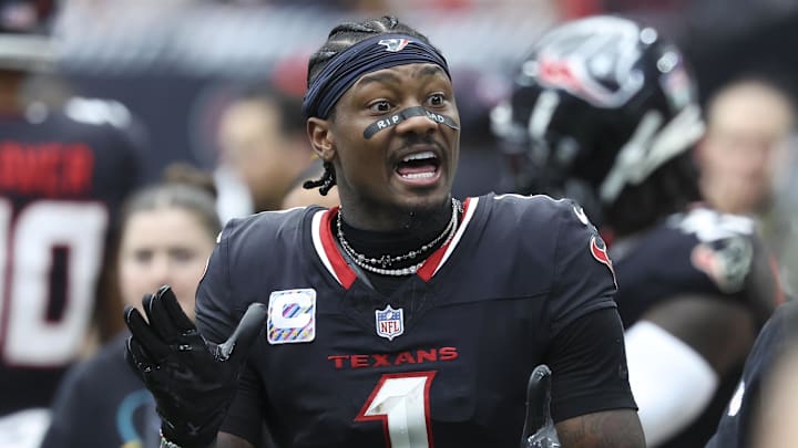 Sep 29, 2024; Houston, Texas, USA; Houston Texans wide receiver Stefon Diggs (1) during the game against the Jacksonville Jaguars at NRG Stadium. Mandatory Credit: Troy Taormina-Imagn Images
