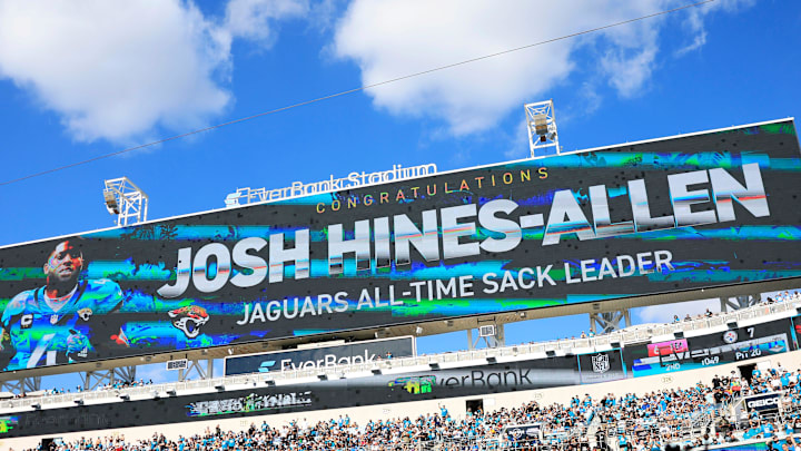 Jacksonville Jaguars defensive end Josh Hines-Allen (41) is displayed on the video board becoming the all-franchise sacks leader during the second quarter of an NFL football game at EverBank Stadium, Sunday, Nov. 16, 2025 in Jacksonville, Fla. The Jacksonville Jaguars defeated the Los Angeles Chargers 35-6. [Corey Perrine/Florida Times-Union]