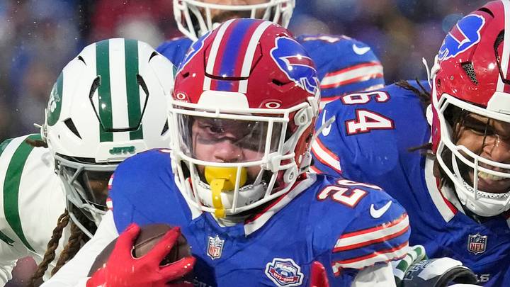 Bills running back Ty Johnson spins through a hole up the middle for yards against the Jets during the first half of their game at Highmark Stadium in Orchard Park Sunday, Jan. 4, 2026.