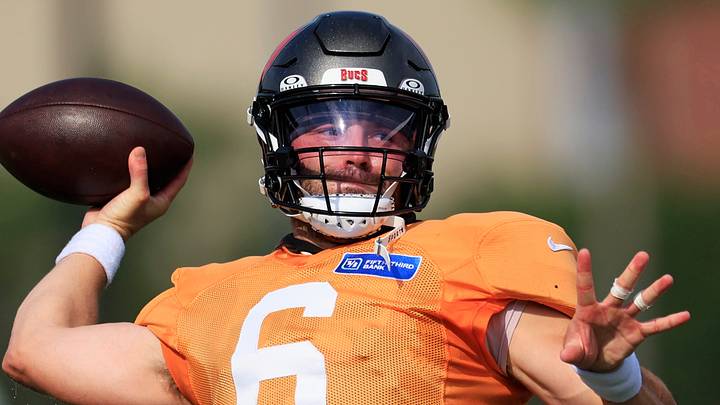 Tampa Bay Buccaneers quarterback Baker Mayfield (6) throws the ball during a joint Buccaneers‑Jaguars NFL practice at the Miller Electric Center on Tuesday, Aug. 25, 2026, in Jacksonville, Fla. Tampa Bay Buccaneers quarterback Baker Mayfield (6) throws the ball during a joint Buccaneers‑Jaguars NFL practice at the Miller Electric Center on Tuesday, Aug. 25, 2026, in Jacksonville, Fla.