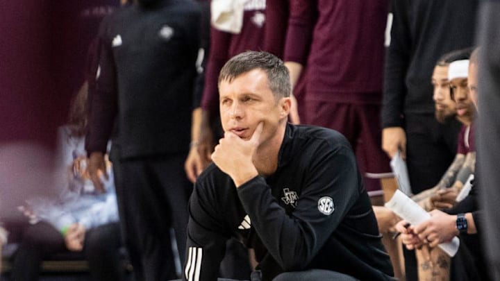 Texas A&M Aggies head coach Bucky McMillan watches on as Auburn Tigers take on Texas A&M Aggies at Neville Arena in Auburn, Ala. on Tuesday, Jan. 6, 2026.