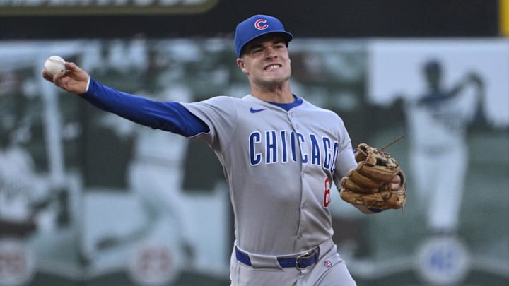 Jun 23, 2025; St. Louis, Missouri, USA; Chicago Cubs third baseman Matt Shaw (6) throws to first for an out against the St. Louis Cardinals in the fourth inning at Busch Stadium.