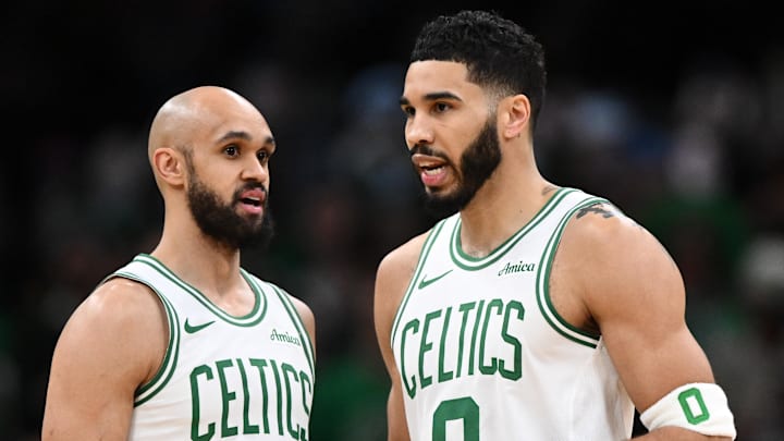 Feb 12, 2025; Boston, Massachusetts, USA; Boston Celtics guard Derrick White (9) and forward Jayson Tatum (0) talk before a game against the San Antonio Spurs at the TD Garden. Mandatory Credit: Brian Fluharty-Imagn Images Feb 12, 2025; Boston, Massachusetts, USA; Boston Celtics guard Derrick White (9) and forward Jayson Tatum (0) talk before a game against the San Antonio Spurs at the TD Garden. Mandatory Credit: Brian Fluharty-Imagn Images