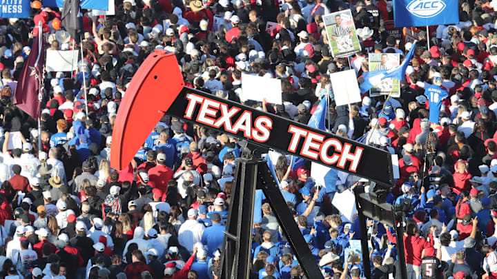A general view of the Texas Tech Red Raiders' pump jack outside the stadium before the game between the Texas Tech Red Raiders and the BYU Cougars at Jones AT&T Stadium.